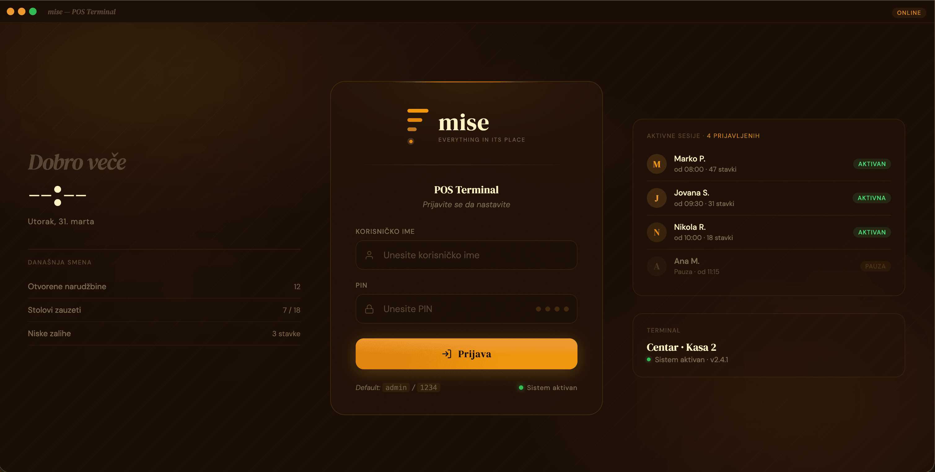 mise POS Terminal — login screen